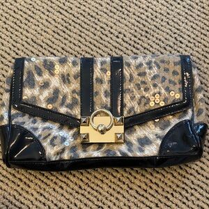 Betsey Johnson Sequin Leopard Clutch with Black Trim